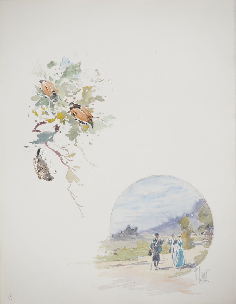René LEVERD : Suisse, Promenade champêtre et insectes, Aquarelle originale signée