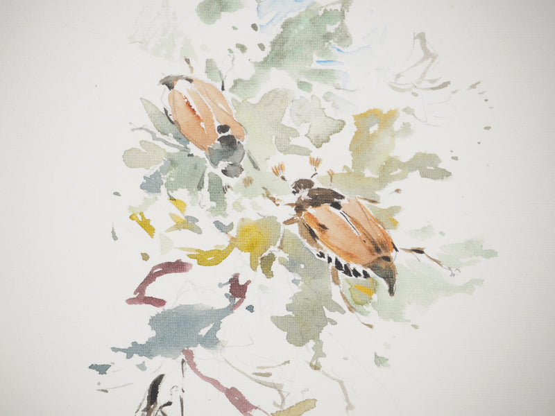 René LEVERD : Suisse, Promenade champêtre et insectes, Aquarelle originale signée