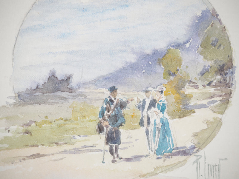 René LEVERD : Suisse, Promenade champêtre et insectes, Aquarelle originale signée