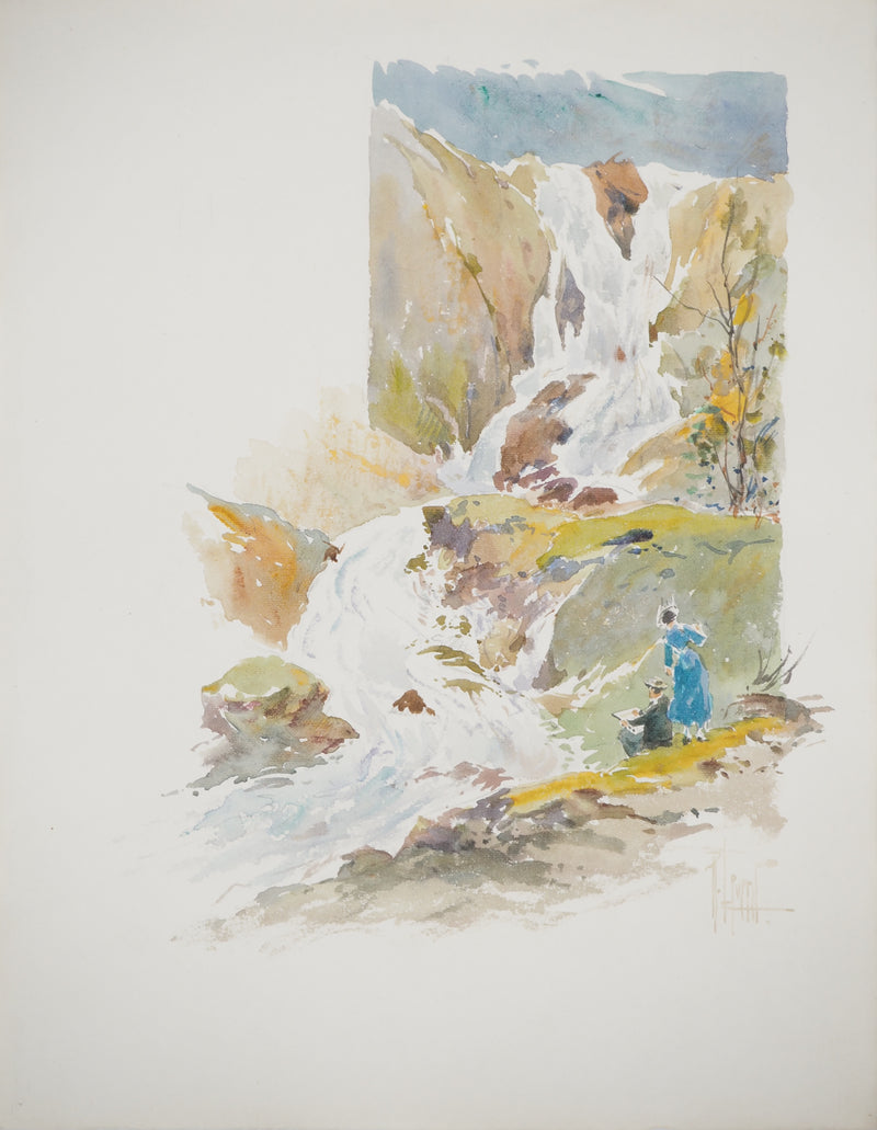 René LEVERD : Suisse, Peintre en bord de rivière, Aquarelle originale signée