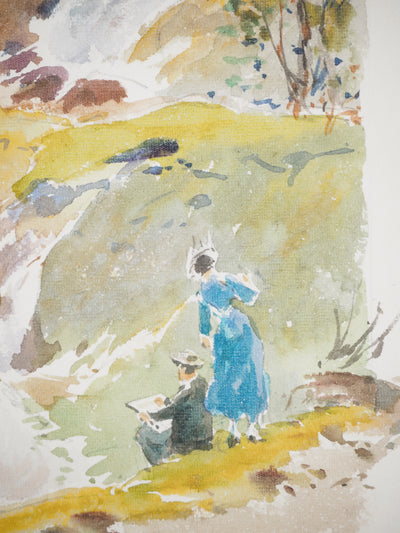 René LEVERD : Suisse, Peintre en bord de rivière, Aquarelle originale signée