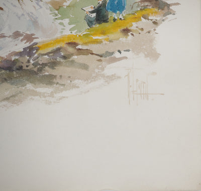 René LEVERD : Suisse, Peintre en bord de rivière, Aquarelle originale signée