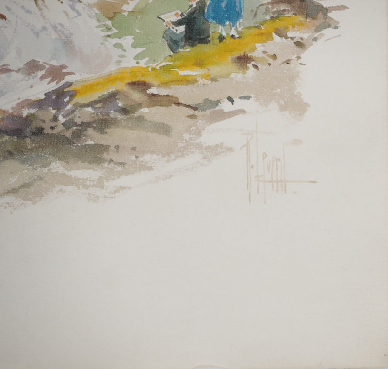 René LEVERD : Suisse, Peintre en bord de rivière, Aquarelle originale signée