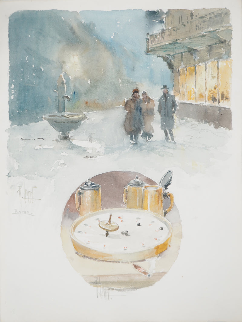 René LEVERD : Suisse, Soir de jeux à Brienz, Aquarelle originale signée