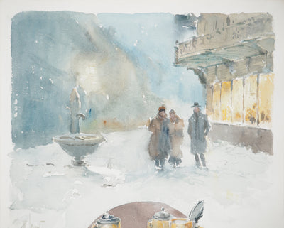 René LEVERD : Suisse, Soir de jeux à Brienz, Aquarelle originale signée