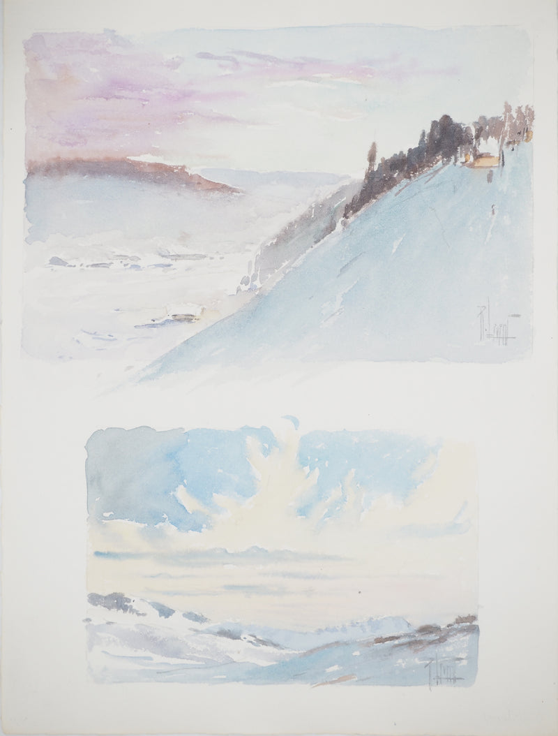 René LEVERD : Suisse, Crépuscule et aurore, Aquarelle originale signée