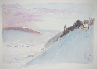 René LEVERD : Suisse, Crépuscule et aurore, Aquarelle originale signée