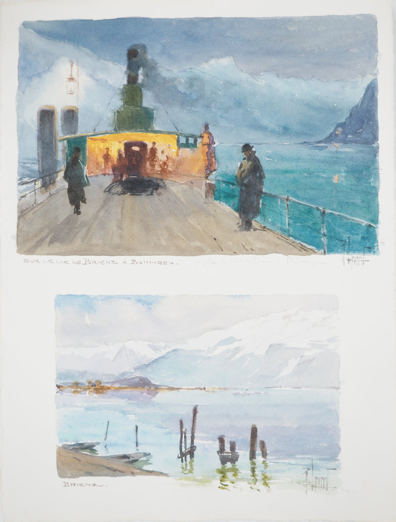 René LEVERD : Suisse, Sur le lac de Brienz à Bönigen, Aquarelle originale signée