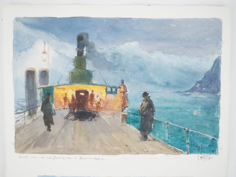 René LEVERD : Suisse, Sur le lac de Brienz à Bönigen, Aquarelle originale signée