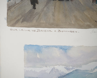 René LEVERD : Suisse, Sur le lac de Brienz à Bönigen, Aquarelle originale signée