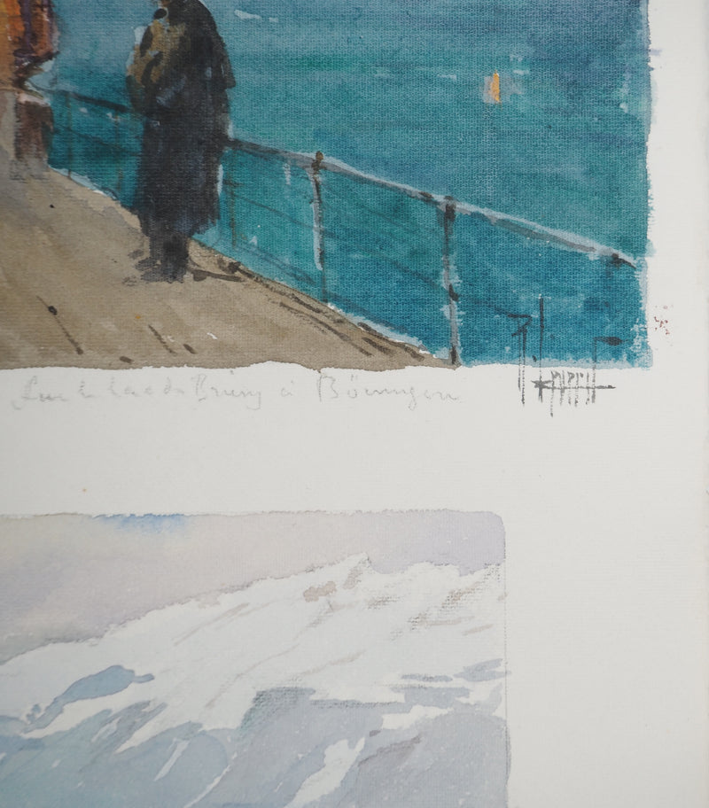 René LEVERD : Suisse, Sur le lac de Brienz à Bönigen, Aquarelle originale signée