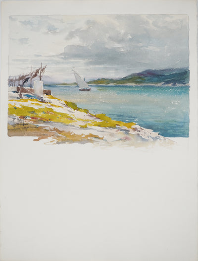 René LEVERD : Suisse, Promenade en voilier à Martigues, Aquarelle originale signée