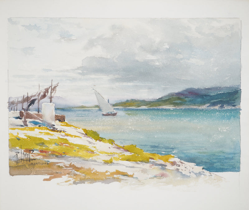 René LEVERD : Suisse, Promenade en voilier à Martigues, Aquarelle originale signée