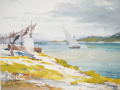 René LEVERD : Suisse, Promenade en voilier à Martigues, Aquarelle originale signée