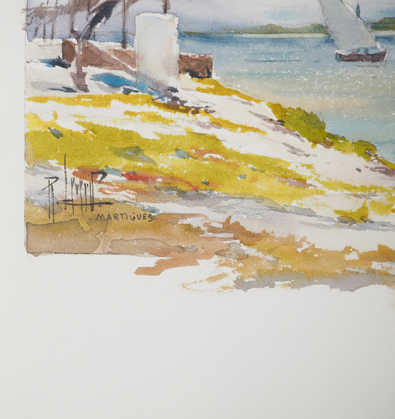 René LEVERD : Suisse, Promenade en voilier à Martigues, Aquarelle originale signée