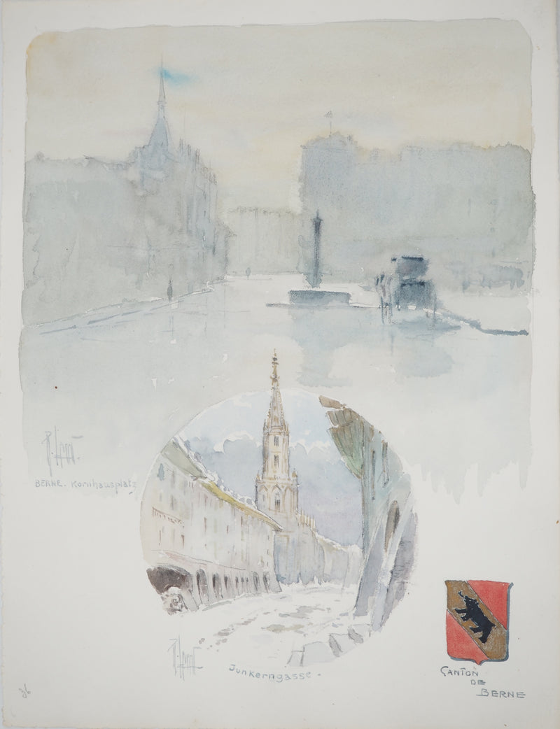René LEVERD : Suisse, Kornhausplatz à Berne, Aquarelle originale signée