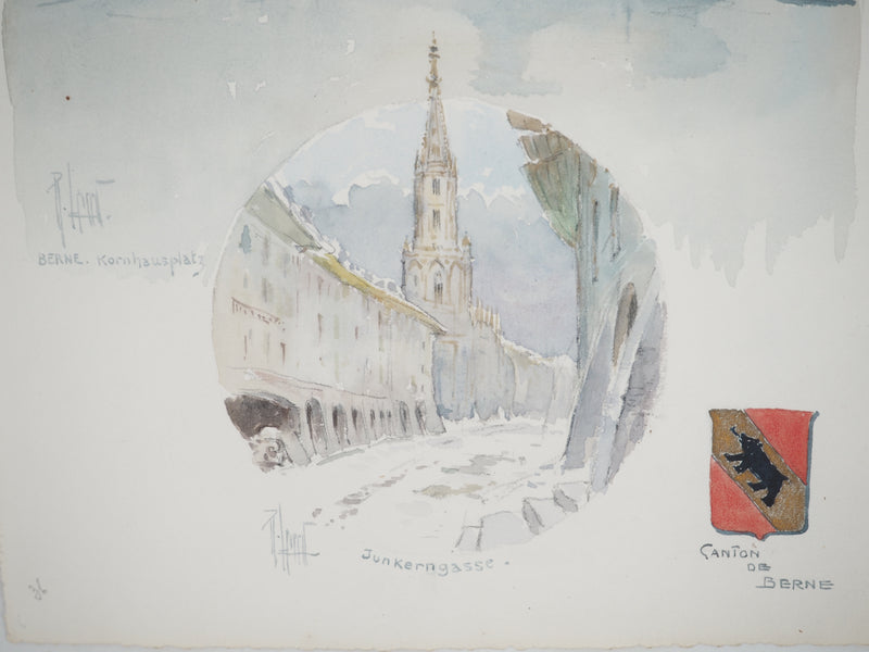 René LEVERD : Suisse, Kornhausplatz à Berne, Aquarelle originale signée