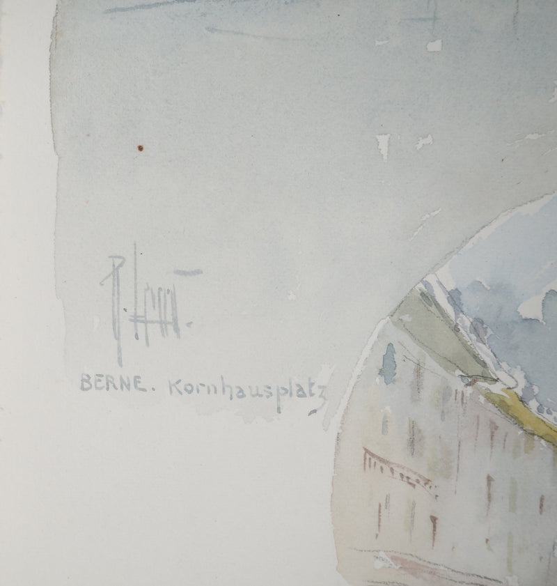 René LEVERD : Suisse, Kornhausplatz à Berne, Aquarelle originale signée