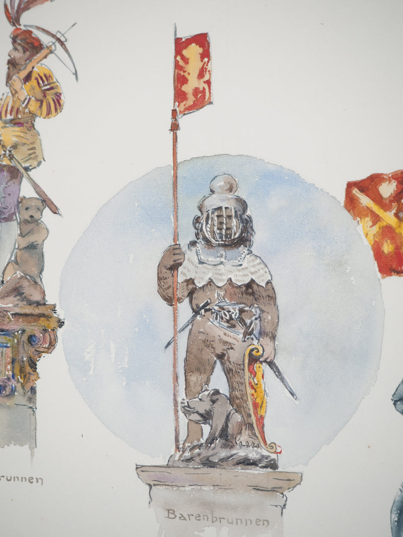 René LEVERD : Suisse, Les trois fontaines de Berne, Aquarelle originale