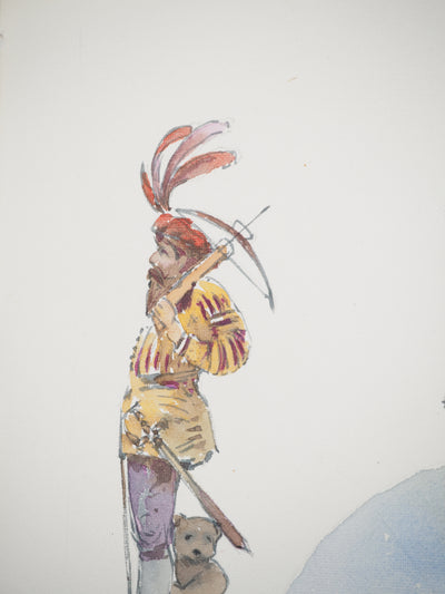 René LEVERD : Suisse, Les trois fontaines de Berne, Aquarelle originale