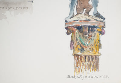 René LEVERD : Suisse, Les trois fontaines de Berne, Aquarelle originale