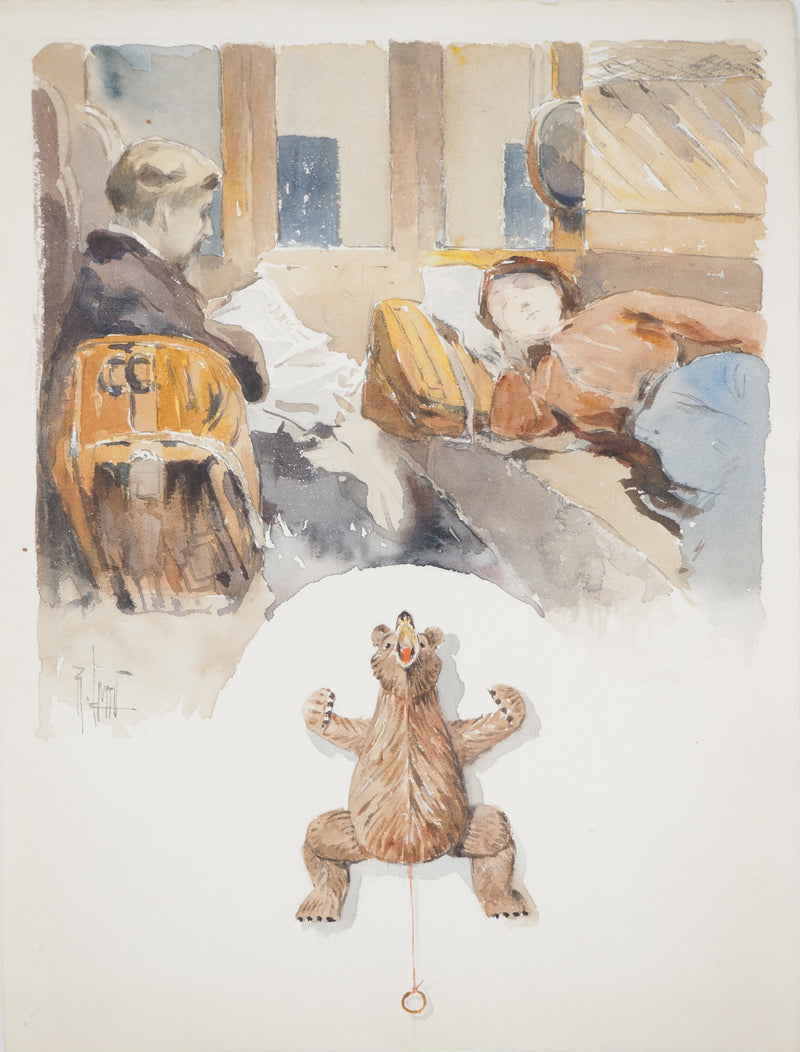 René LEVERD : Sommeil sur les rails, Aquarelle originale signée