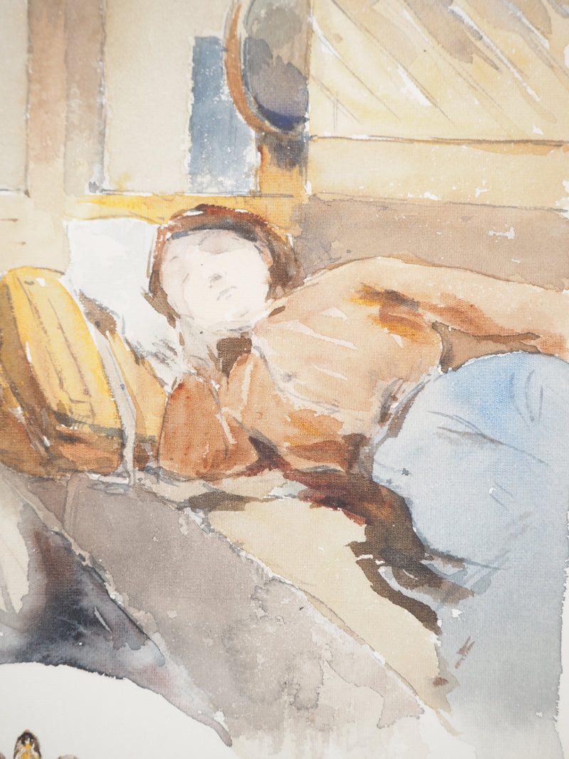 René LEVERD : Sommeil sur les rails, Aquarelle originale signée