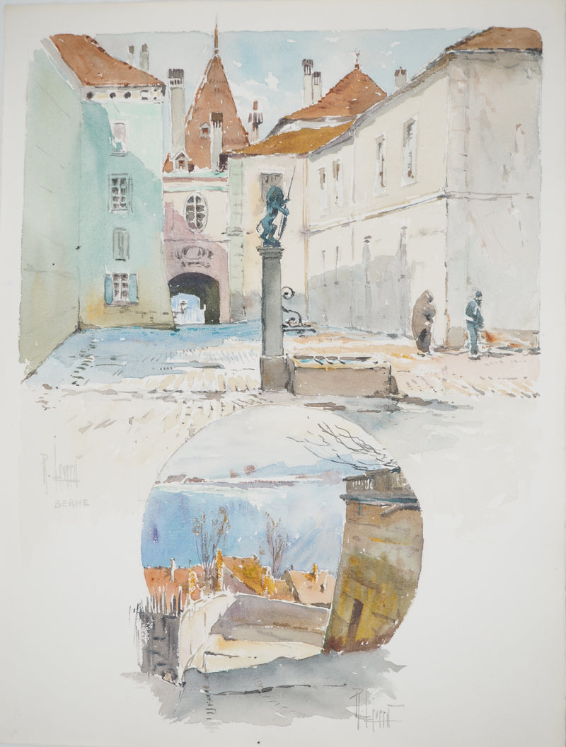René LEVERD : Suisse, Promenade ensoleillée à Berne, Aquarelle originale signée