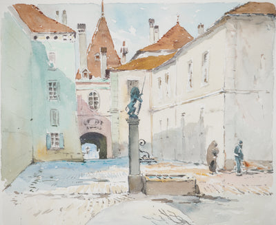 René LEVERD : Suisse, Promenade ensoleillée à Berne, Aquarelle originale signée
