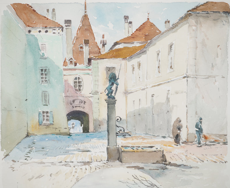 René LEVERD : Suisse, Promenade ensoleillée à Berne, Aquarelle originale signée