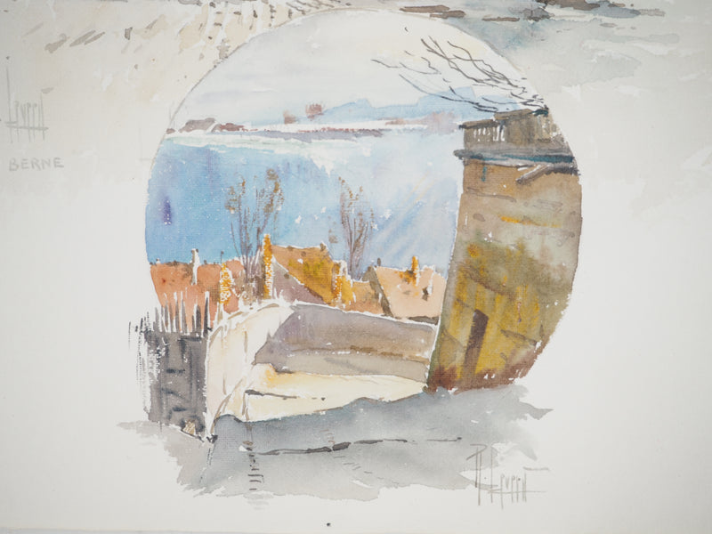 René LEVERD : Suisse, Promenade ensoleillée à Berne, Aquarelle originale signée