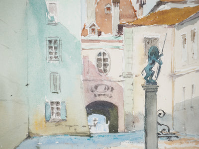 René LEVERD : Suisse, Promenade ensoleillée à Berne, Aquarelle originale signée