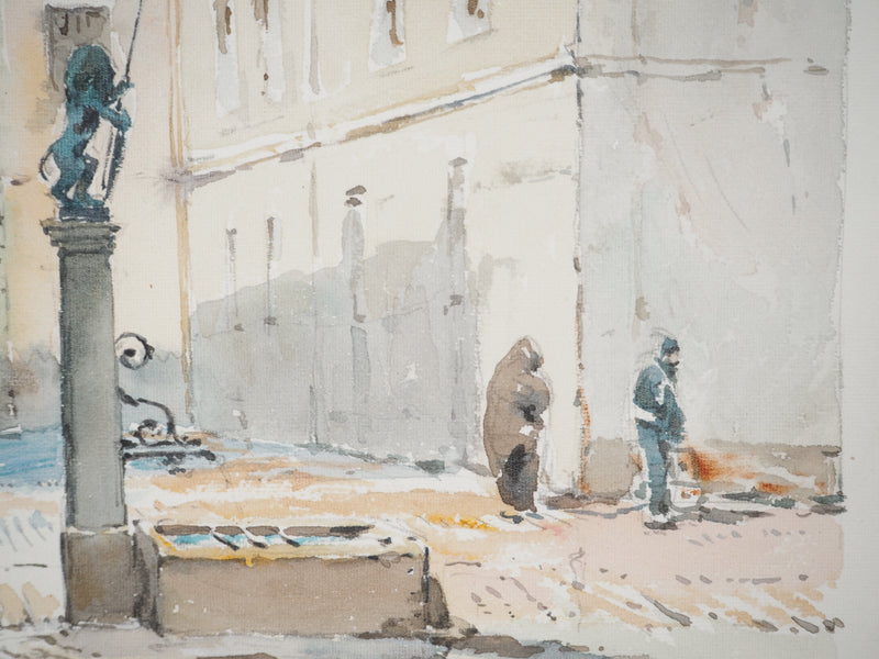 René LEVERD : Suisse, Promenade ensoleillée à Berne, Aquarelle originale signée