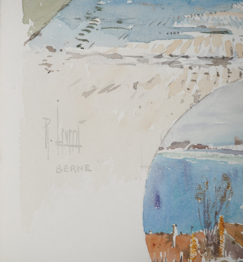 René LEVERD : Suisse, Promenade ensoleillée à Berne, Aquarelle originale signée