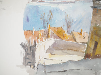 René LEVERD : Suisse, Promenade ensoleillée à Berne, Aquarelle originale signée