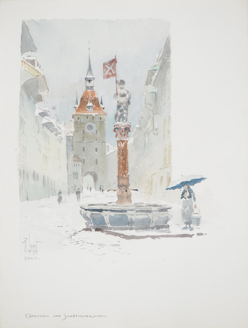 René LEVERD : Suisse, Käfigturm und Schützenbrunnen, Aquarelle originale signée