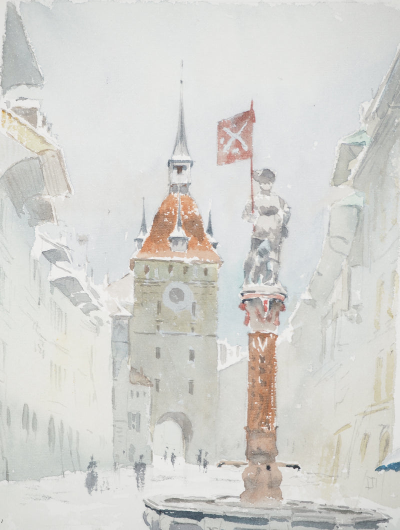 René LEVERD : Suisse, Käfigturm und Schützenbrunnen, Aquarelle originale signée