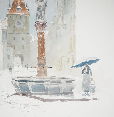 René LEVERD : Suisse, Käfigturm und Schützenbrunnen, Aquarelle originale signée