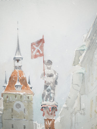 René LEVERD : Suisse, Käfigturm und Schützenbrunnen, Aquarelle originale signée