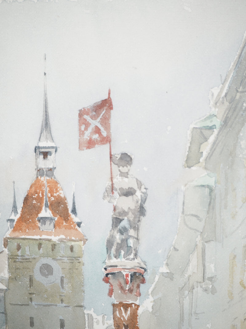 René LEVERD : Suisse, Käfigturm und Schützenbrunnen, Aquarelle originale signée