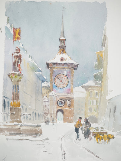 René LEVERD : Suisse, Tour de l'horloge à Berne, Aquarelle originale signée