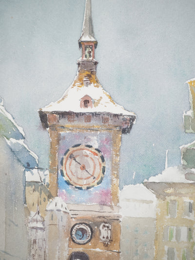 René LEVERD : Suisse, Tour de l'horloge à Berne, Aquarelle originale signée
