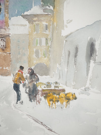 René LEVERD : Suisse, Tour de l'horloge à Berne, Aquarelle originale signée