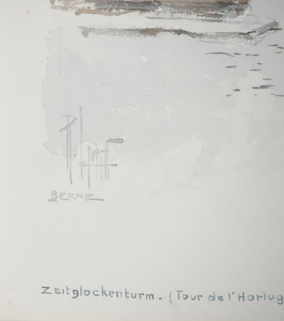 René LEVERD : Suisse, Tour de l'horloge à Berne, Aquarelle originale signée