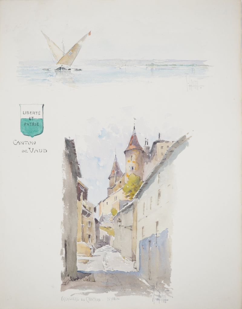René LEVERD : Suisse, Escaliers du château de Nyon, Aquarelle originale signée