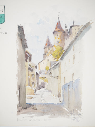 René LEVERD : Suisse, Escaliers du château de Nyon, Aquarelle originale signée