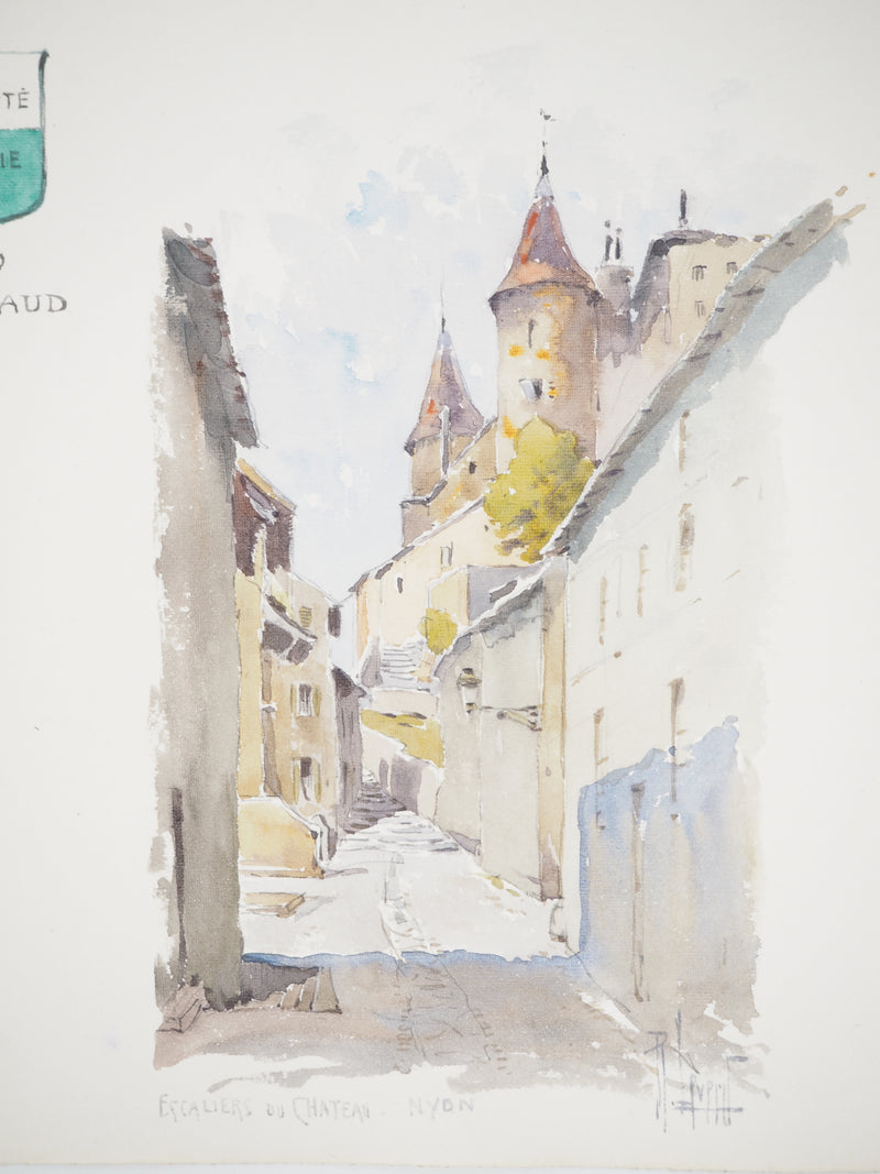 René LEVERD : Suisse, Escaliers du château de Nyon, Aquarelle originale signée
