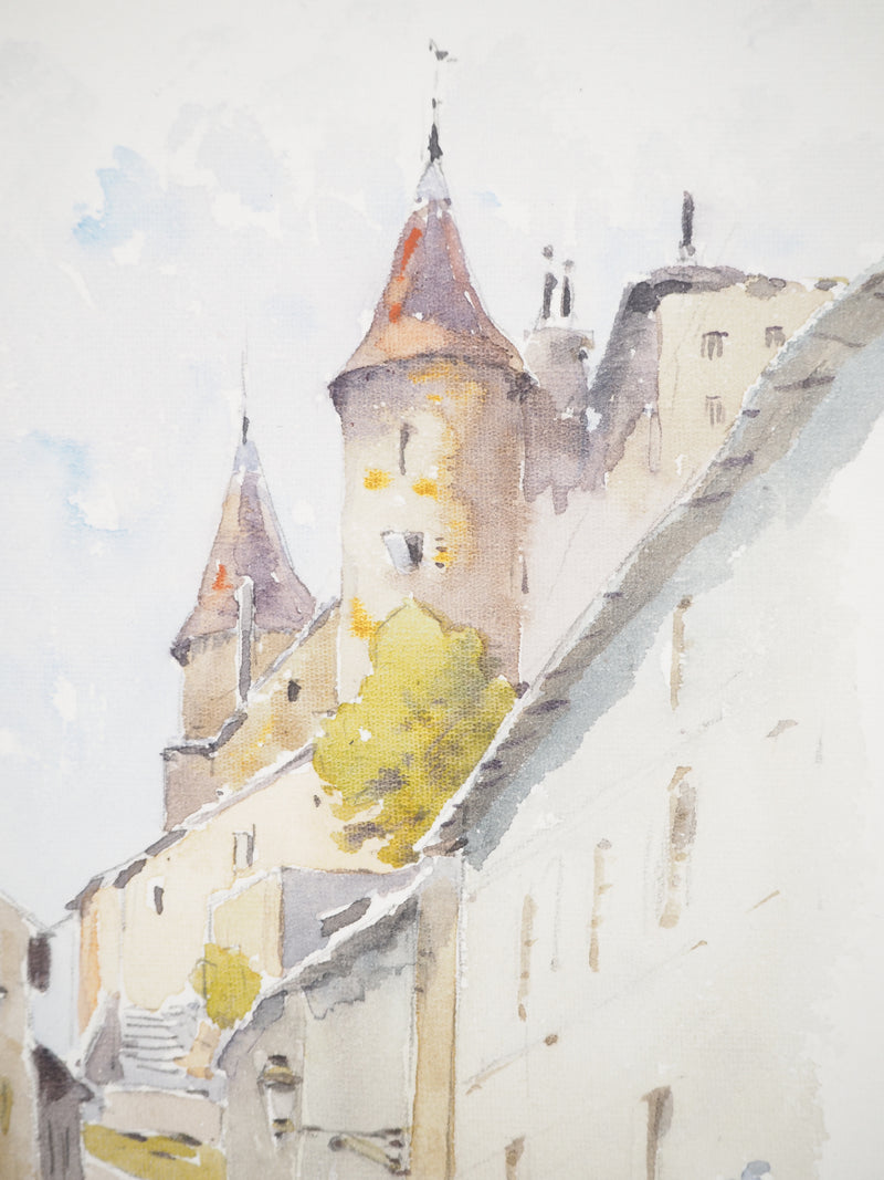 René LEVERD : Suisse, Escaliers du château de Nyon, Aquarelle originale signée