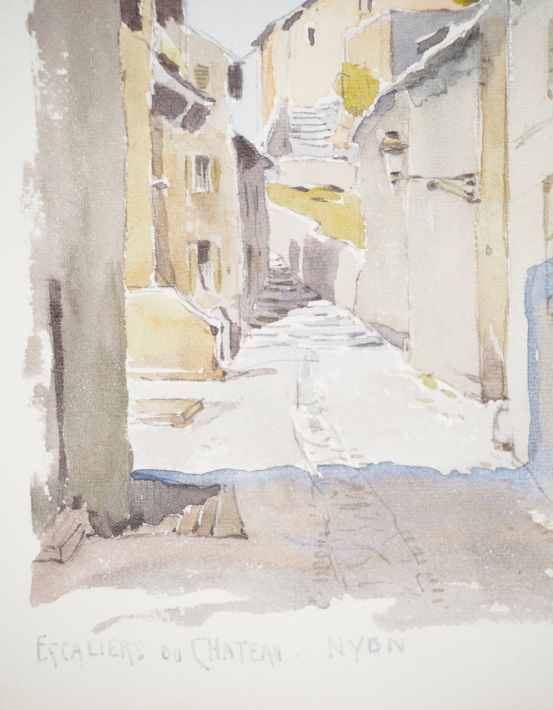 René LEVERD : Suisse, Escaliers du château de Nyon, Aquarelle originale signée