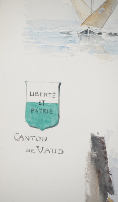 René LEVERD : Suisse, Escaliers du château de Nyon, Aquarelle originale signée